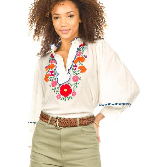 Antik Batik Clotilda Hand-Embroidered Floral Cotton Crepe Blouse White - 42 (L) - Picture 2 of 11